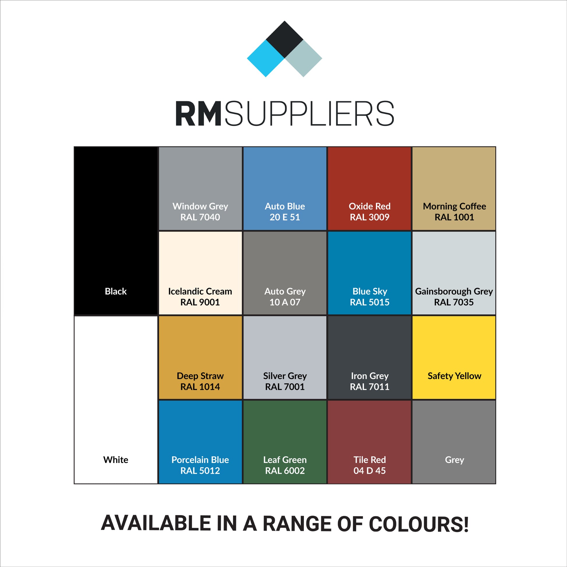 RM Suppliers Colour Chart - Not All Colours Available for All Products